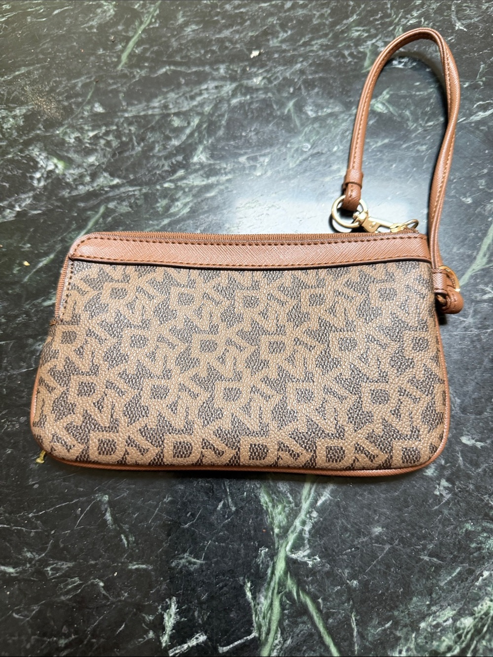 DKNY Brown Monogram Wristlet Clutch with Detachable Strap